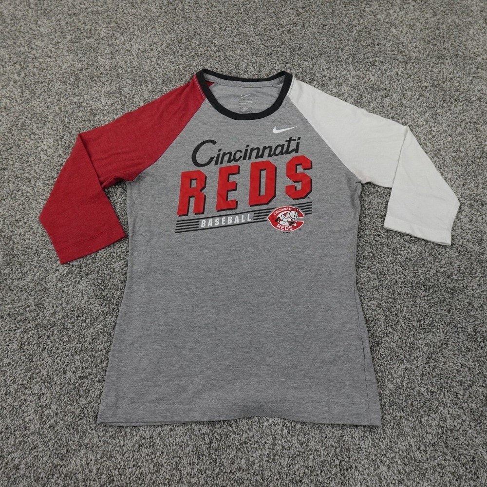 Cincinnati Reds Shirt Womens Medium Gray Nike Swoosh MLB Baseball 3/4 Sleeve‎ OH
